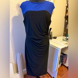 Chaps Women's Sleeveless Blue and Black Faux Wrap Dress.